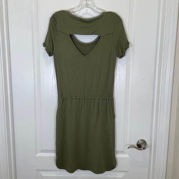 White House Black Market Drawstring Waist Dress Army Green Knit Cutout Back S - Picture 7 of 7
